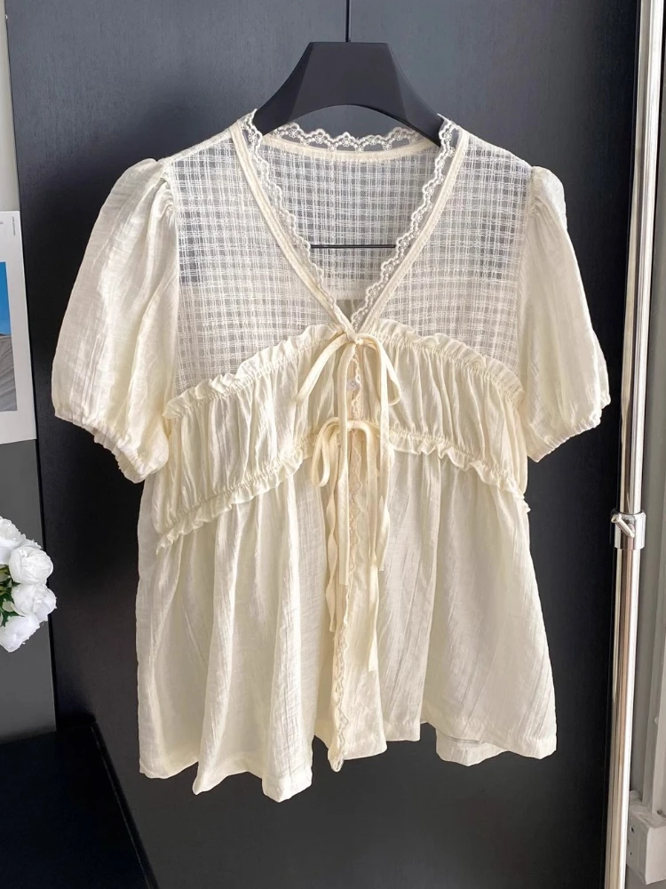 

Korean Fashion Blouses V Neck Puff Sleeve Solid Color Lace Pleated Patchwork Shirts Summer All Match Casual Loose Women Clothing