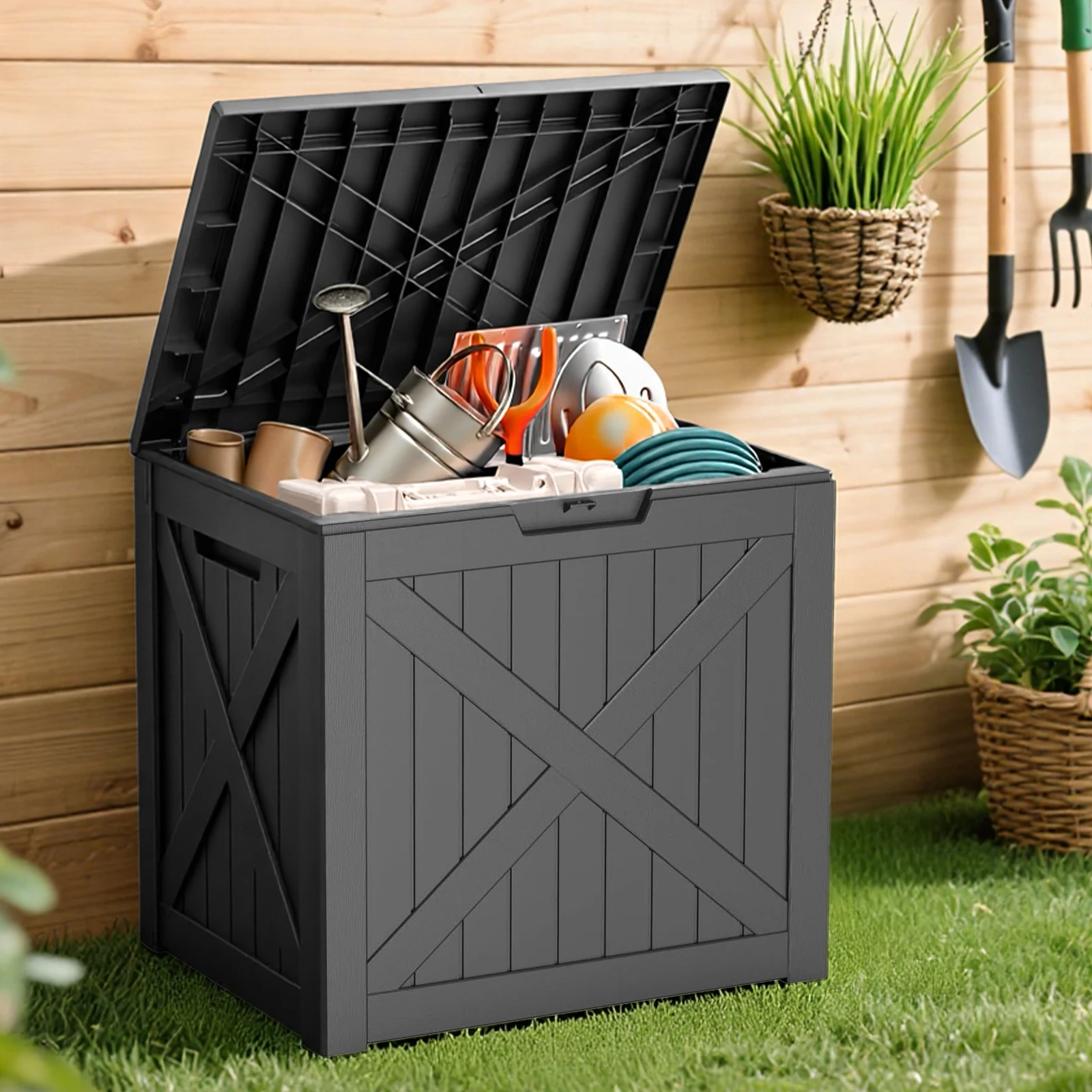 

32-галонная водонепроницаемая коробка для террасы из смолы, ящик для хранения уличной мебели для патио, подушек, садовых инструментов и принадлежностей для бассейна