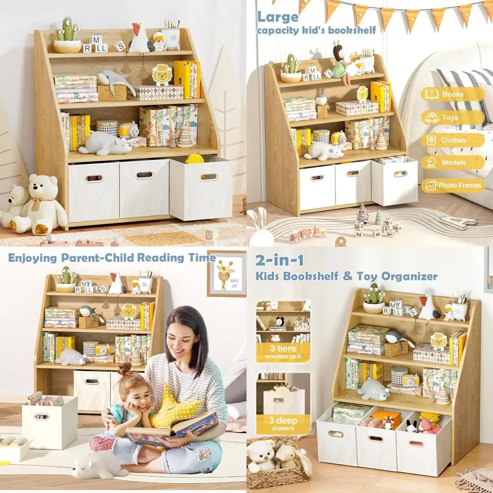 

Деревянная книжная полка Монтессори для малышей с 3 мобильными ящиками для детских книг и организация хранения игрушек