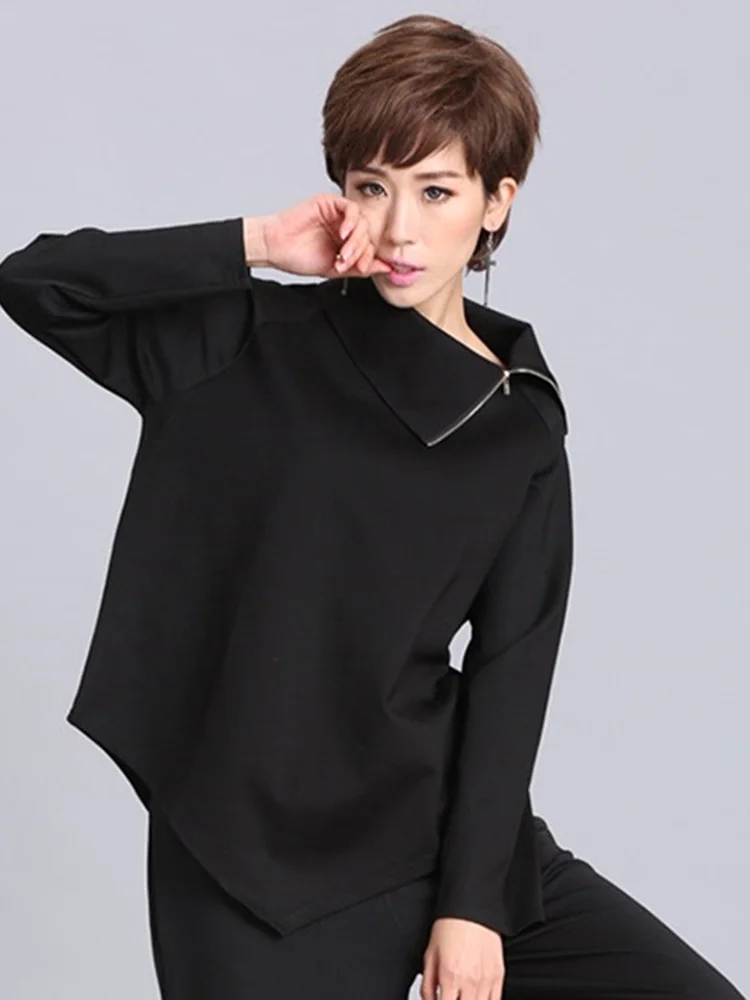 [EAM] Women Black Zipper Irregular Big Size Casual T-shirt New Turtleneck Long Sleeve Fashion Tide Spring Autumn 2024 OA882