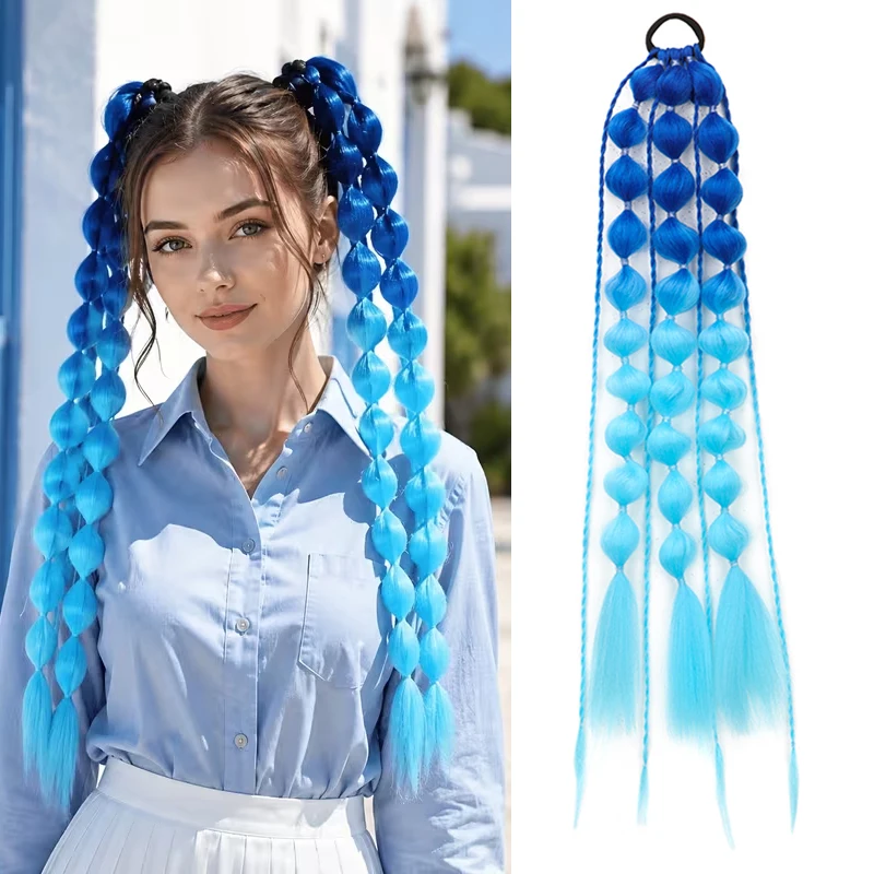 24Inch Synthetic Bubble Braided Ponytail Elastic Rubber Band Gradient Color Ponytail Hair Colorful Braids for Party Halloween