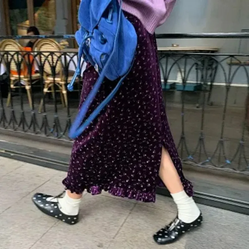 Women Vintage Purple Floral Velvet Midi Skirt Spring Autumn French Elegant A Line Skirt