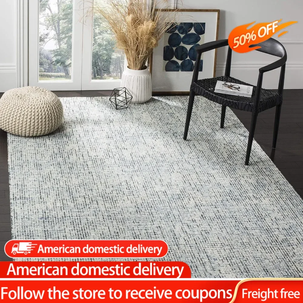 

Abstract Collection Area Rug - 9' x 12', Blue & Charcoal, Handmade Wool, Ideal for High Traffic Areas in Living Room, Bedroom