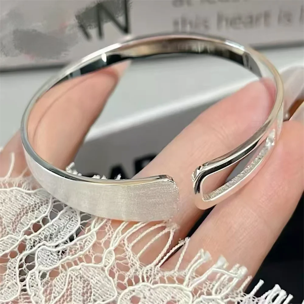 OUYADI Brushed 999 Fine Silver Half Window Bangle, High-End Minimalist Silver Bracelet for Him Her, Custom Free Engraving
