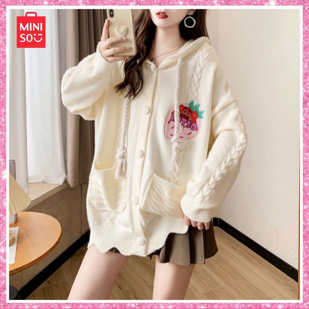 New Miniso Lotso Winter Cute Sweet Hooded Sweater Coat Age Reducing Knitted Cardigan White Printed Sweatshirt Birthday Gift