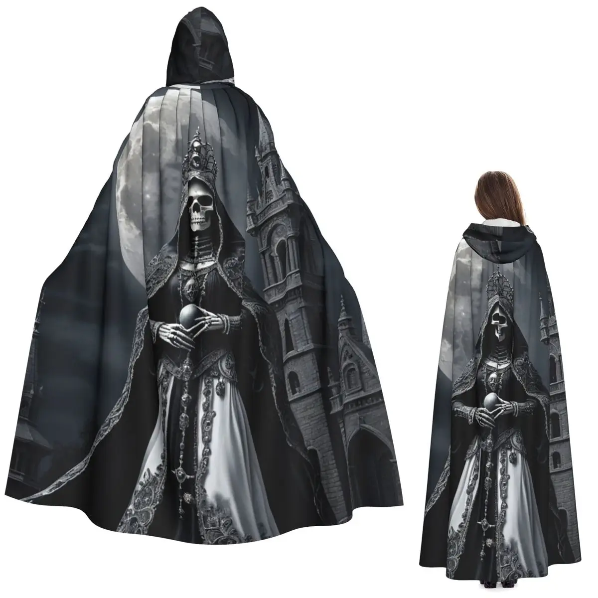 

Длинный плащ с капюшоном Санта-Муэрте и луной, средневековый костюм ведьмы, накидка для косплея, накидка на Хэллоуин, вампир, для взрослых, унисекс