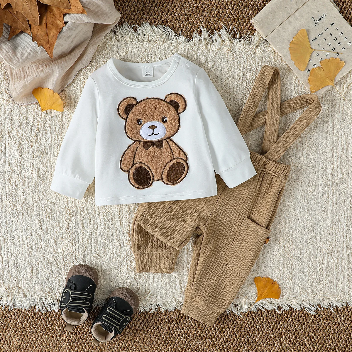 2025 Fashion Baby Boys 2Pcs Autumn Long Sleeve Cartton Bear Top+ Solid Overalls Baby Jumpsuit For 1-3Y Sets Casual Clothes