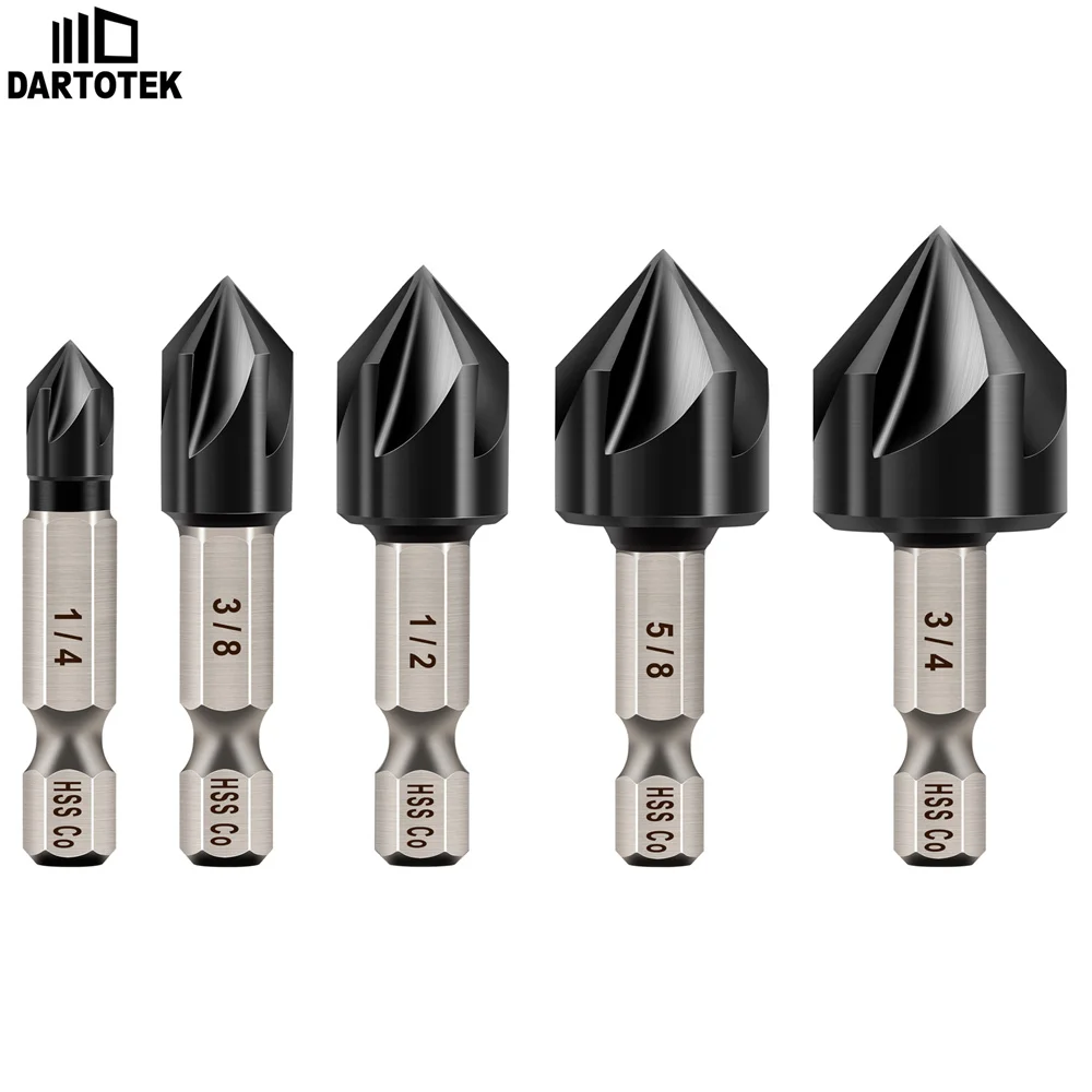 DARTOTEK 5Pcs M35 HSS Chamfer Drill Sets 82 Degrees Countersink Drill Bit Hex Shank Deburring Chamfer Cutter For Stainless