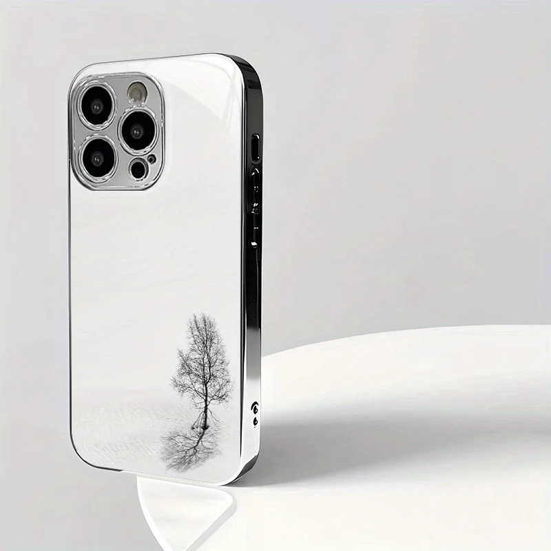 The new solitary tree shadow pattern electroplated glass phone case is suitable for iPhone 17, 16, 15, 14, 13, 12, 11, etc.