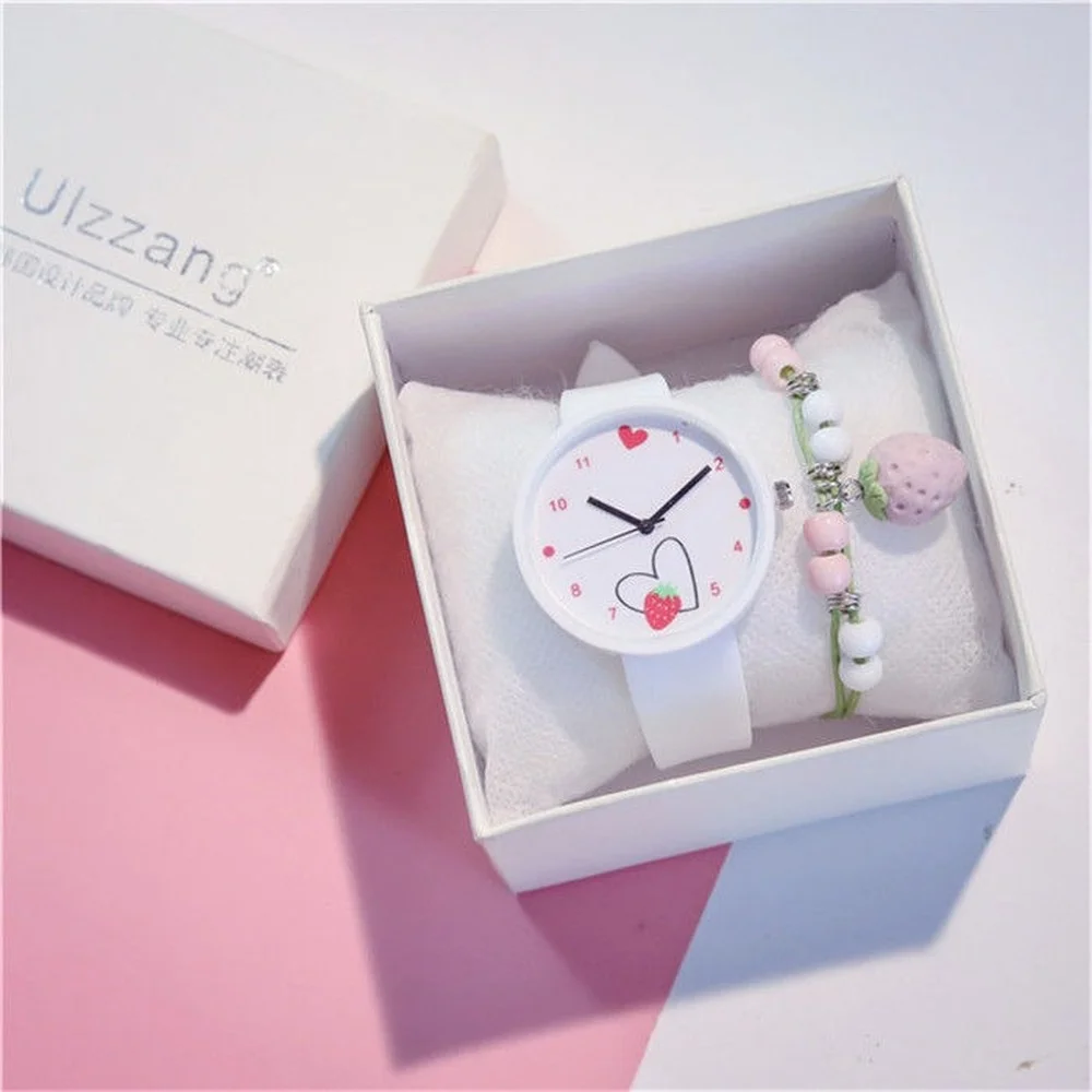 Macaron-reloj con esfera de corazón de fresa para niños, correa de silicona de gelatina coreana, cuarzo luminoso, regalo de cumpleaños