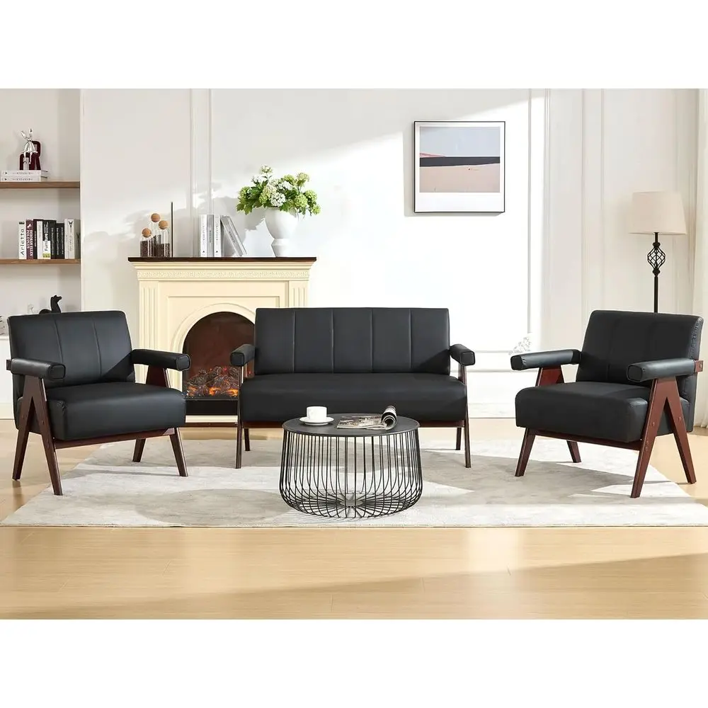 

Mid-Century Modern 2-Piece Leather Loveseat and Accent Chairs Set with Wood Arms for Living Room