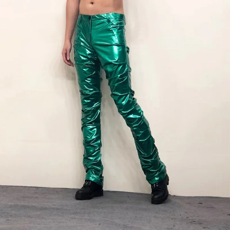 

Nightclub Streetwear Shinny Sexy Leather Pant Men Costumes PU Flare Pant New Erkek Pantolon Men Green Pant Pleated Trouser