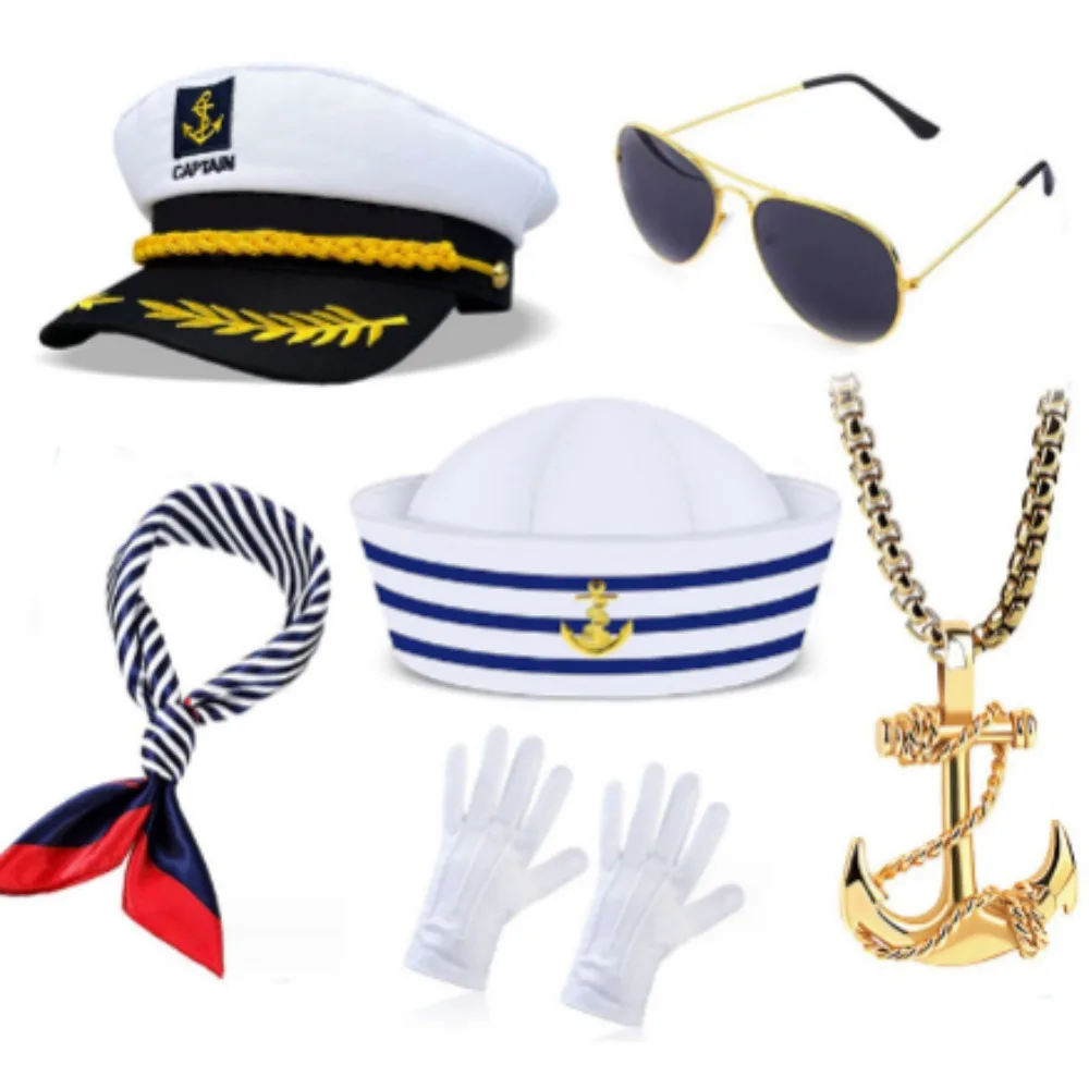 セーラー服を着たセーラー帽子、スカーフ、アンカー型ペンダント、イヤリング、手袋、その他の海軍兵士に適したアクセサリー