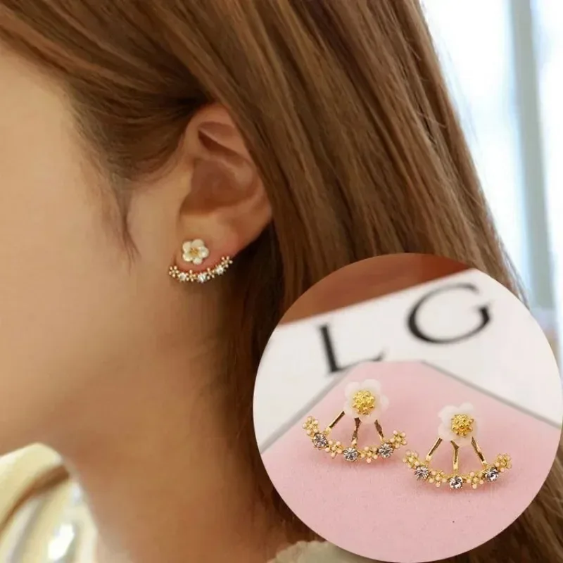 Women\'s Flower Earrings Zircon Ear Jacket Korean Style Copper Ear Studs Earrings Orecchini Jewelry Pendientes Aretes De Mujer