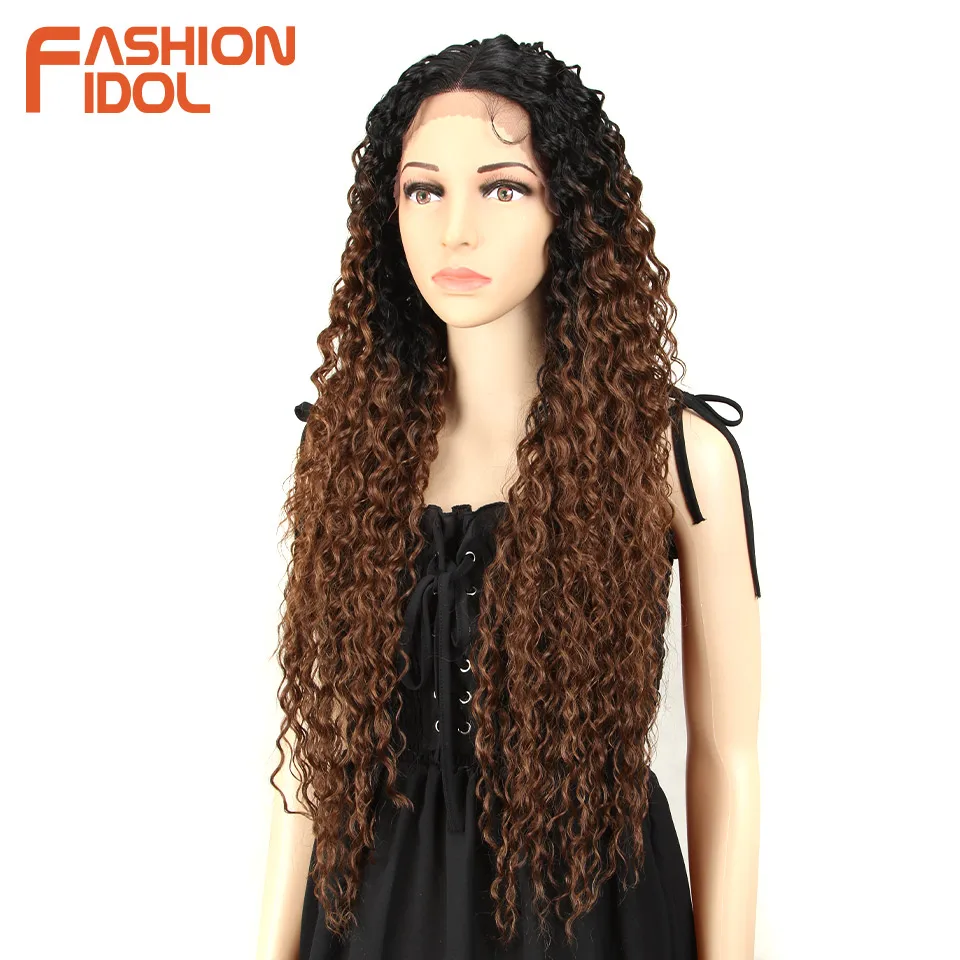 FASHION IDOL Lace Wig Synthetic 30 Inch Super Long Kinky Curly Hair Wig Ombre Blonde Loose Deep Wave Wigs Heat Resistant Fiber