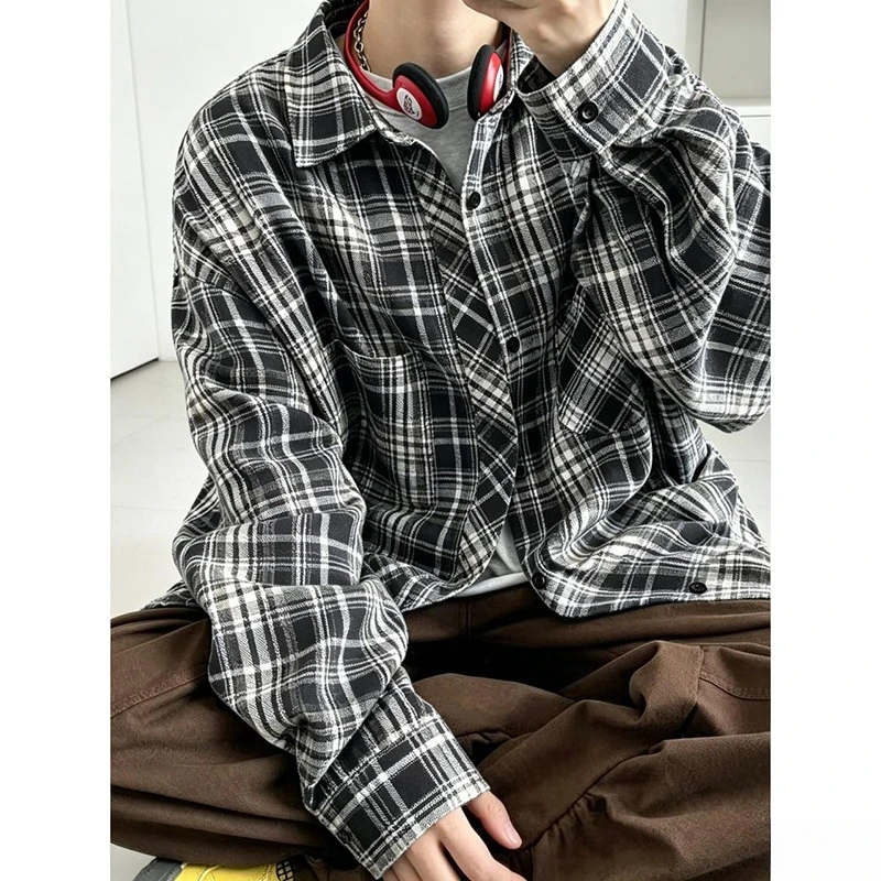 Japanese Style Long Sleeve Cotton Plaid Shirt Men Autumn Spring Retro Streetwear Outerwear Casual Loose Fit Shirts for Youth Man