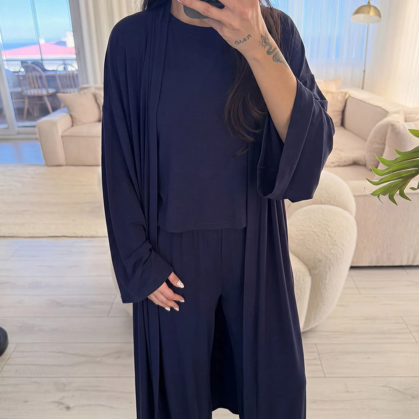 Effortless Muslimah Abaya Set Women Knit Lounge Co-Ord Set Cozy Modest Hijabi Outfit-Crewneck Top & Wide Leg Pants & Loose Abaya