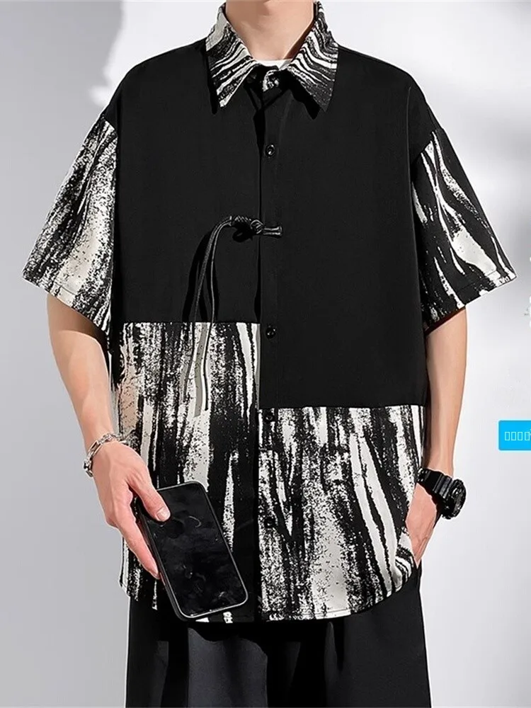 

Мужская летняя тонкая рубашка из ледяного шелка с пэчворком, в китайском стиле, с высоким ощущением прохлады, быстросохнущая, на пуговицах, с острым воротником