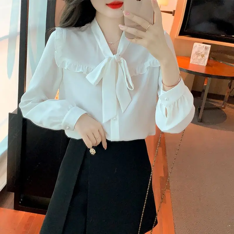 Women French Style Ruffled Lace Up Bow Chic Shirts Spring Autumn Trendy Long Sleeve Elegant Blouses White Sweet Fairy Tops Blusa