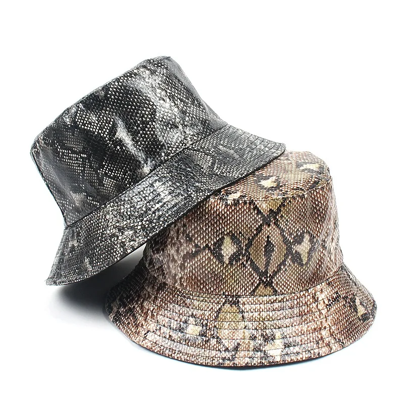 New PU snake patterned fisherman hat Europe and America street trend for men and women double-sided hip-hop hat panama hats