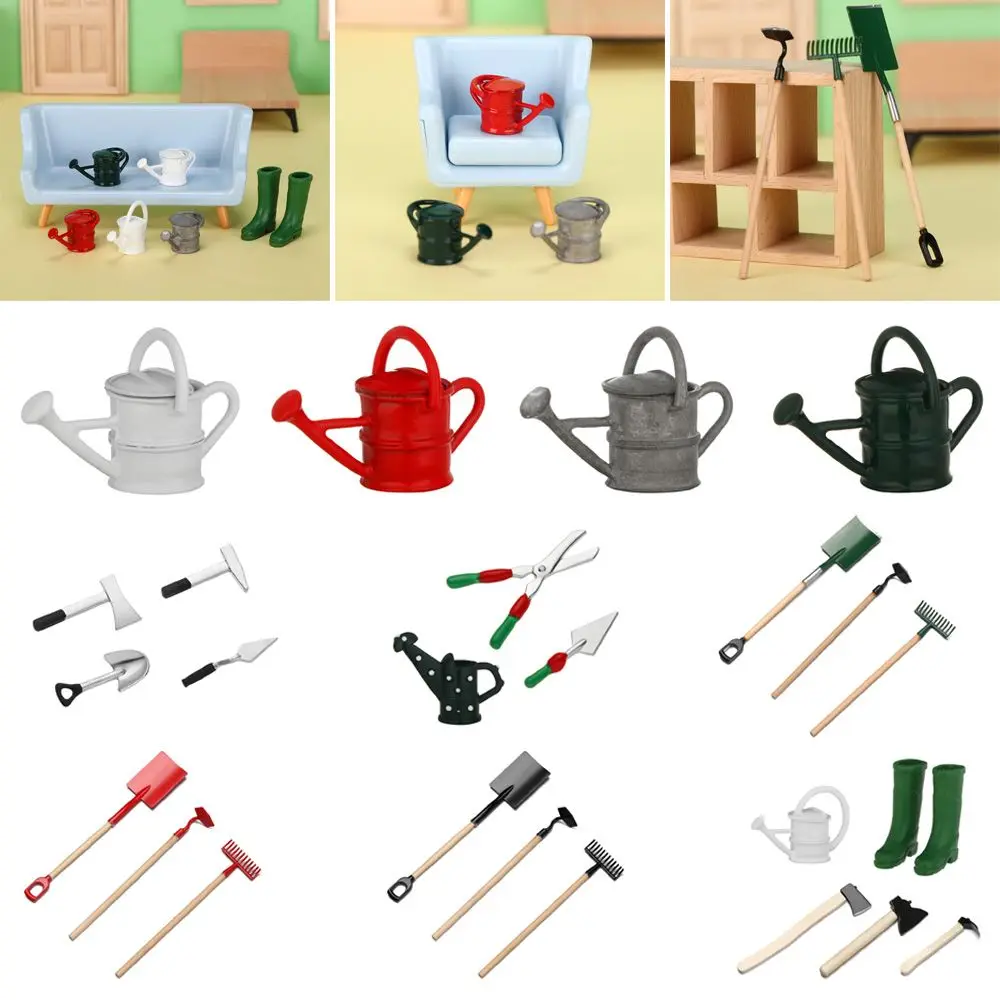 1 Set 1:12 Scale Playing House Fairy Garden Watering Pot Miniature Tools Doll Farming kits Wood Hoe Shovel Dollhouse Accessories