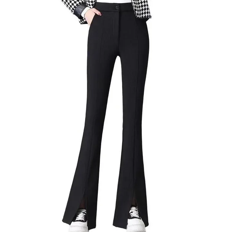 ارتفاع الخصر متوهج السراويل النسائية صوف مبطن أسود سبليت الخريف الشتاء مستقيم الساق السراويل المألوف حجم كبير #5