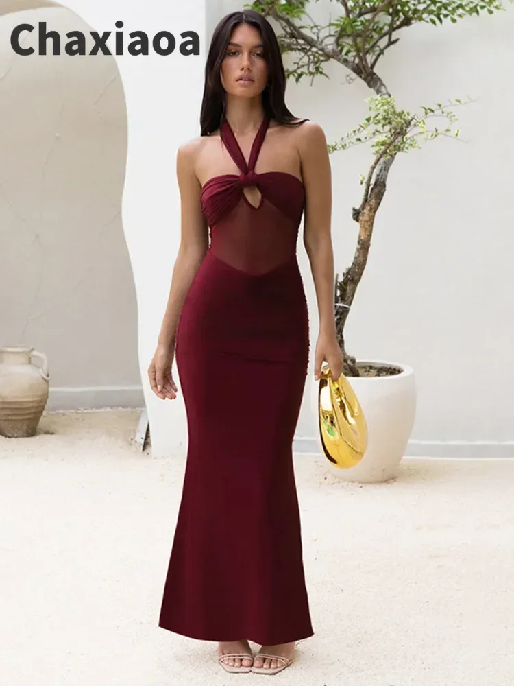 Chaxiaoa Hollow Out Halter เซ็กซี่ Maxi ชุดผู้หญิงชุดฤดูร้อนใหม่ดูผ่านตาข่ายแขนกุด Backless Bodycon Club ชุดยาว