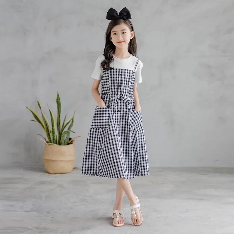 

Girls' Dress Summer New Short Sleeve Top Plaid Strap Dress Children's Knitted Plaid Patchwork Dress