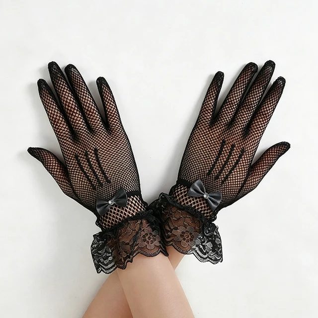 Thin Mesh Lace Full Finger Gloves for Brides' Wedding Etiquette, High Elasticity Bow, Bright Diamond Flower Wedding Hollow Glove 6