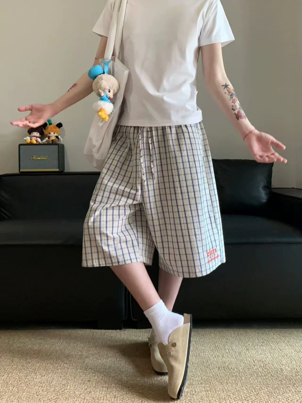 กางเกงลำลองทรงกว้างปักลายสไตล์อเมริกันเรโทร ผ้าแห้งเร็ว สีสันสดใส ลายสก็อต 7-5 สำหรับผู้ชายและผู้หญิง ใส่สบายๆ อยู่บ้าน ฤดูร้อน