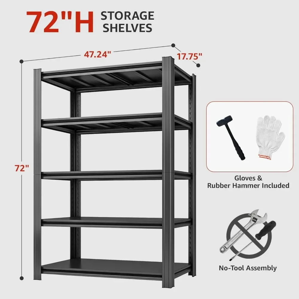 وحدة رفوف معدنية مكونة من 5 طبقات، أرفف تخزين قابلة للتعديل مقاس 72 بوصة ارتفاع × 47.24 بوصة عرض، أرفف جراج شديدة التحمل للمستودعات، 17.72 بوصة عمق
