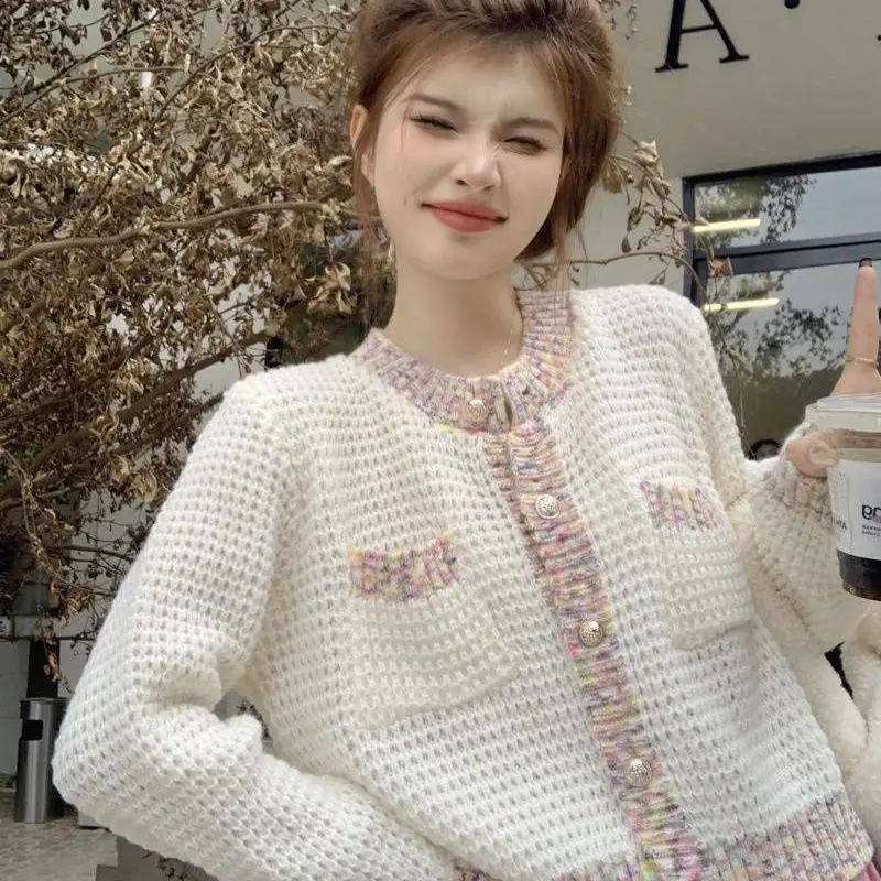 Women Autumn Korean Fashion Patchwork V-neck Long Sleeve Knitwear Women Clothes Simplicity All-match Knitting Cardigan Coat