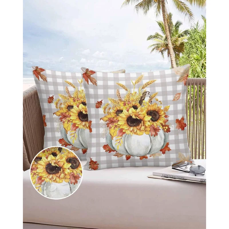 Thanksgiving Outdoor Pillow Cover Waterproof Pillowcase 24x24 inches Sunflower Autumn Pumpkin Decorative Pillowcase Sofa