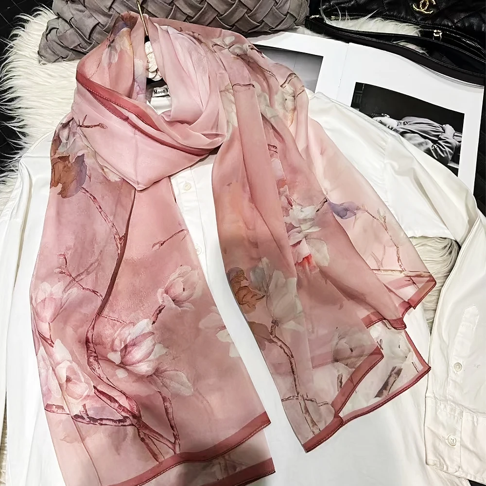 Spring NEW Luxury 100% Pure Silk Shawl Scarf Fashion Brand Pink Megnolia Long Scarves Wraps Summer Silk Chiffon Beach Scarf Cape