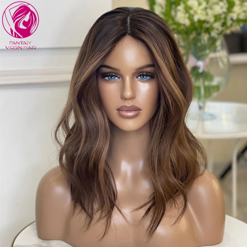 Natural Loose Wavy Human Hair Wigs Chocolate Brown with Honey Blonde Highlights Colored 13x4 Lace Frontal Wigs Brazilian Bob Wig