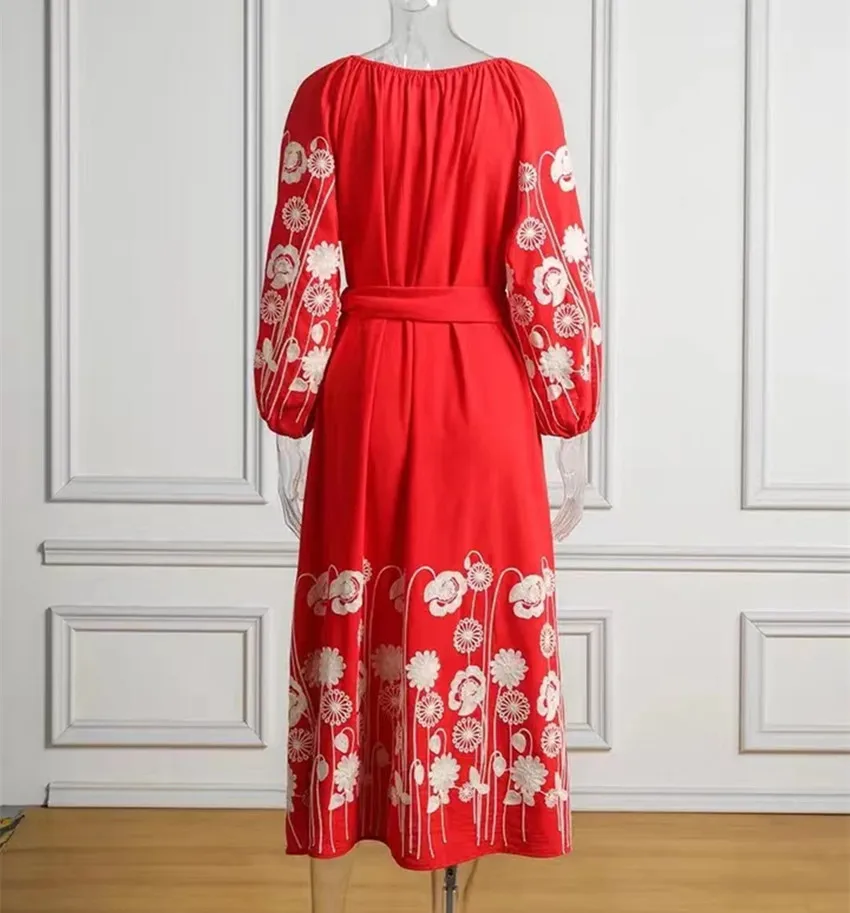 Luxury Summer New Women's Retro National Style Heavy Embroidery Seven Point Sleeve V Neck Long Red Bohemian Beach Holiday Dress