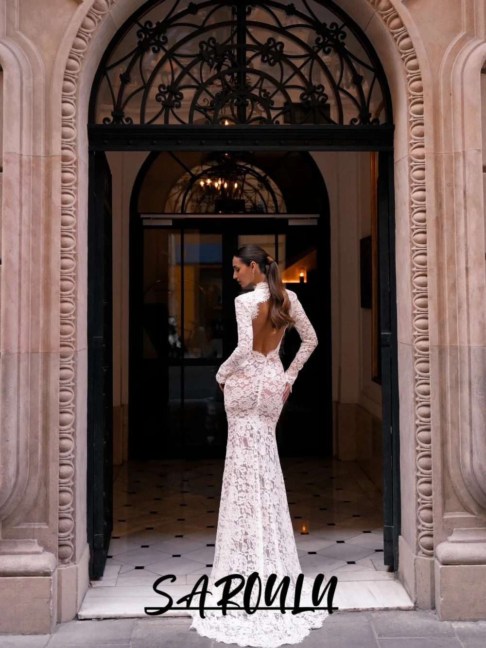 

Backless Mermaid Charming Wedding Dress, Fully Lace Customized Outdoor Bridal Gown, Fashionable Modern Long Sleeved Bride Wear