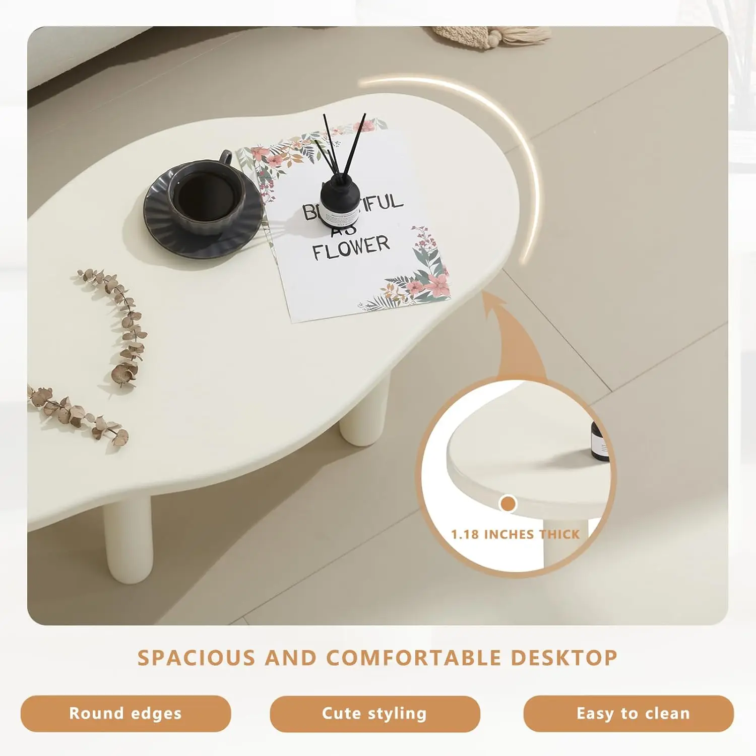 Cloud Coffee Table - Cute Coffee Table - Irregular Shape Coffee Table with 4 Legs - Modern End Table,Easy Assembly-White