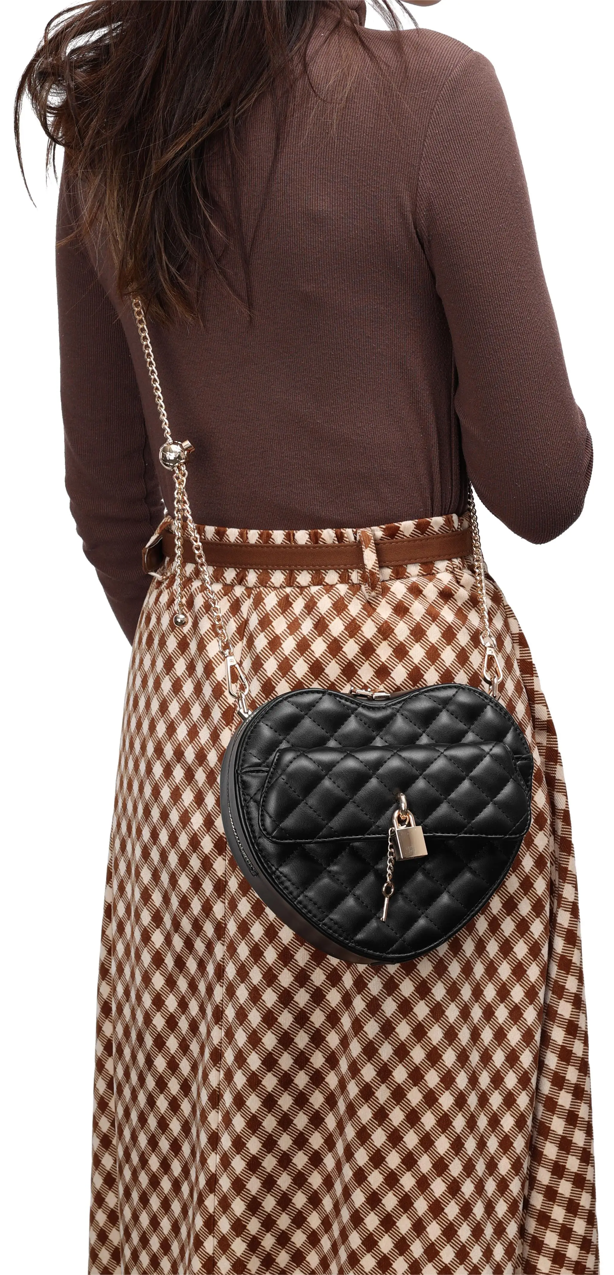 Trendy Heart Shape Satchel Crossbody Purse for women Zip Around Shoulder Bag with Lock Diamond Lattice handbag for Girls