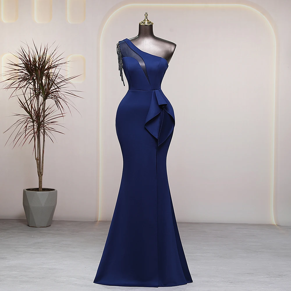 Exquisite Navy blue One-Shoulder Beads Long Mermaid Side Slits Evening Dress Women Prom Party Dress robes de soirée Bride dress