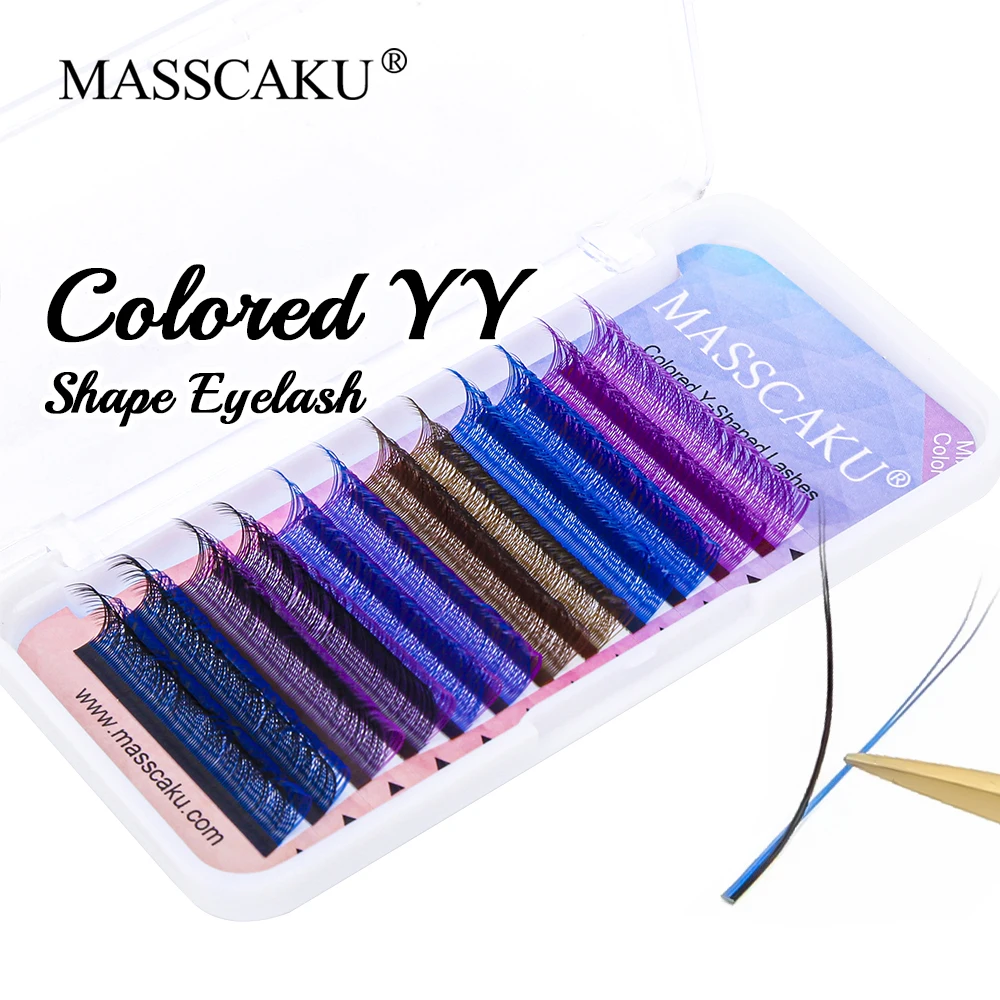 

MASSCAKU C D Curl Colored YY Shaped Eyelashes Hand-woven Double Split Tips One Second Blooming Lashes Extensions Trays Supplies