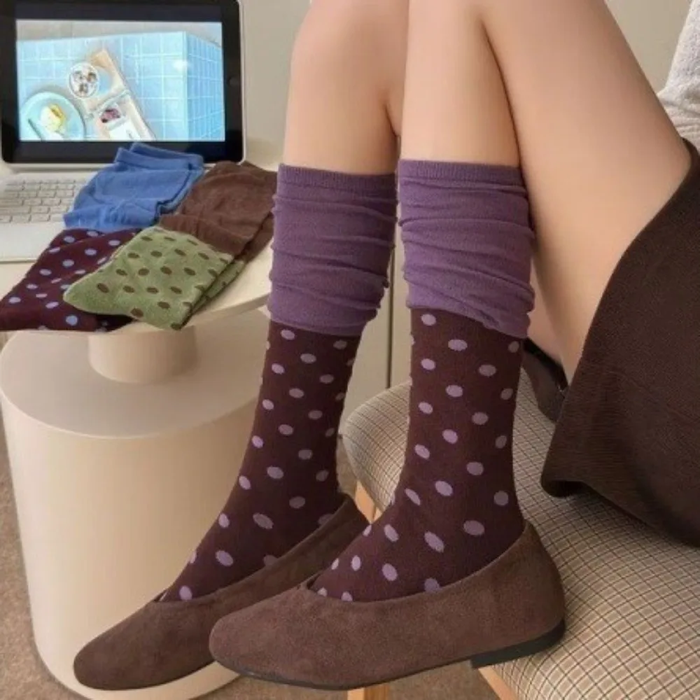 Polka Dot Pattern Mid Calf Socks Contrast Top Slim Fit Stacked Socks Mid Calf Length Cotton Blend Casual Socks Fall Season