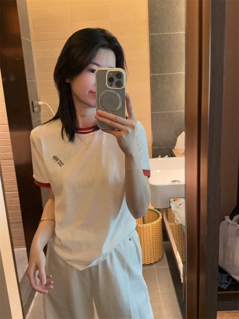 

Slim Fit ort Sve T-irt Velvet Letter Print Breathable Sweat Absorbent Summer Faionable Women's Casual round Ne Top