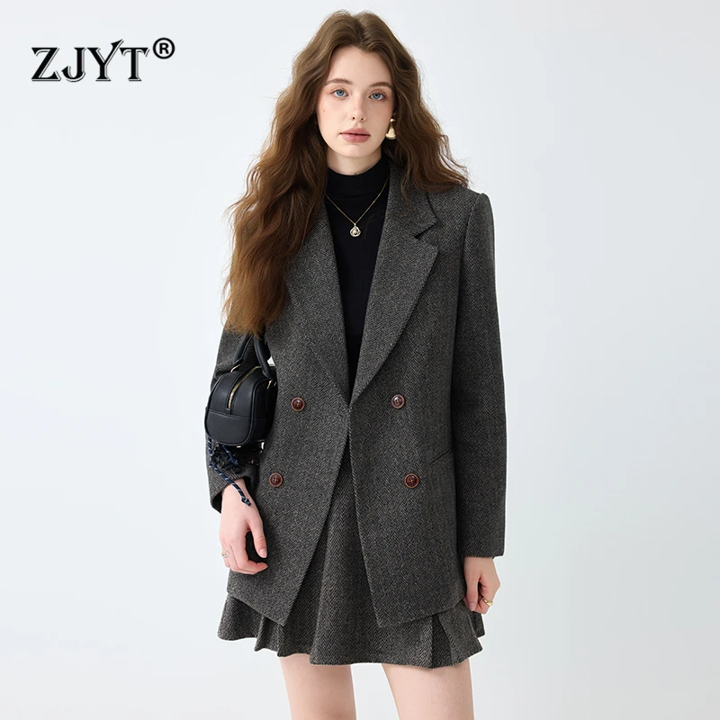 

ZJYT Autumn Winter Women's Woolen Jacket and Skirt Two Pieces Matching Sets Office Lady Vintage Casual Suits Plus Size Outfit