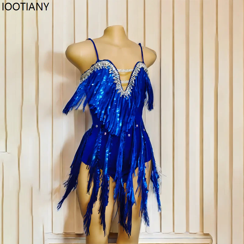 

High-end Customization Women Sexy Blue Latin Dance Dress V-neck Tassel Latin Jazz Dance Performance Set Bar Gogo Singer Dress Up