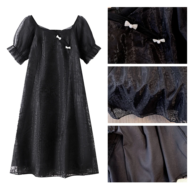 Plus-size Women\'s Summer Casual Commute Loose Comfort dress Black lace zipper A-line short sleeve square collar lined long dress