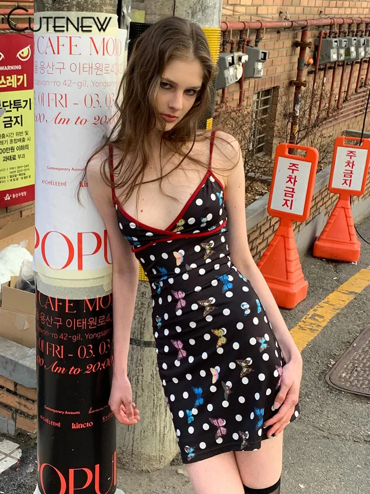 Cutenew Colorful Printed Mini Dress For Women Classic Spaghetti Strap Cross Low Neck Sheath Trend Vestidos Female New Streetwear