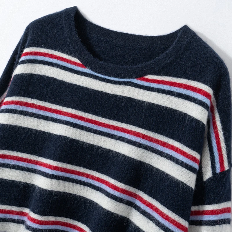 

ANGEL Women's 100% Cashmere Striped Pullover O-neck Sweater Autumn Winter Long Sleeve Casual Loose Cashmere Knit Clothes Tops