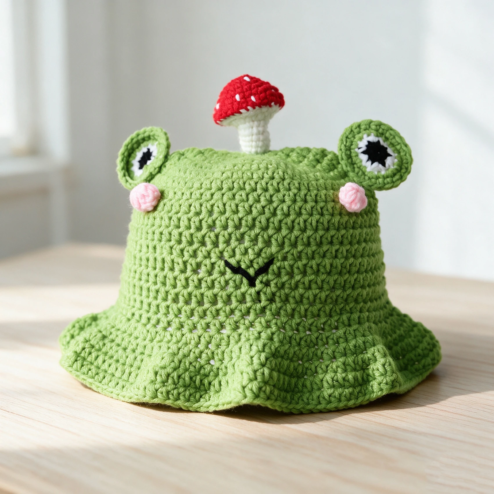 Women Hand-Crochet 3d Mushroom&Frog Bucket Hat Decor Ruffle Brim Cartoon Animal Knitted Cap Cute Powder Blusher Cosplay Hat