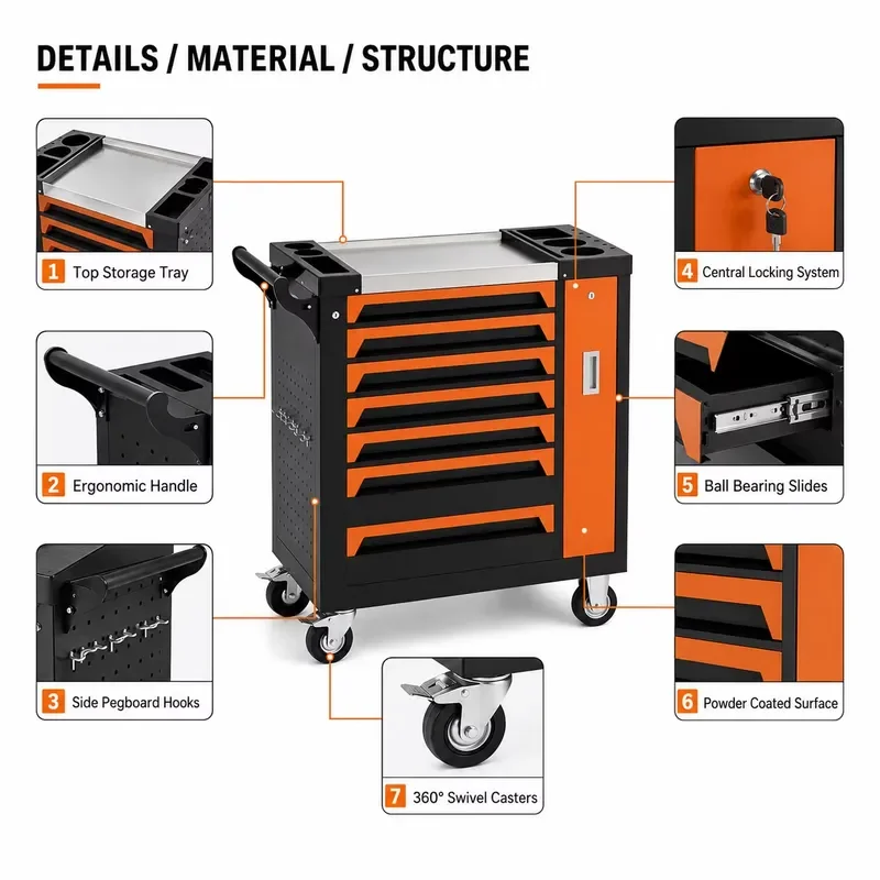 Heavy Duty 7 Drawer Metal Tool Cart Cabinet for Auto Repair Workshop Garage Storage Custom OEM CE Certified Toolbox with